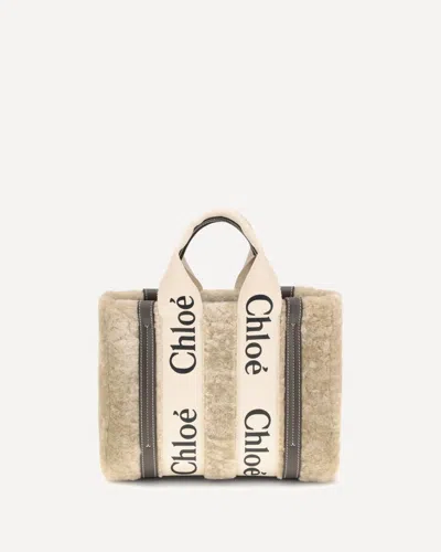 Chloé Small Woody Shearling Tote Bag In White