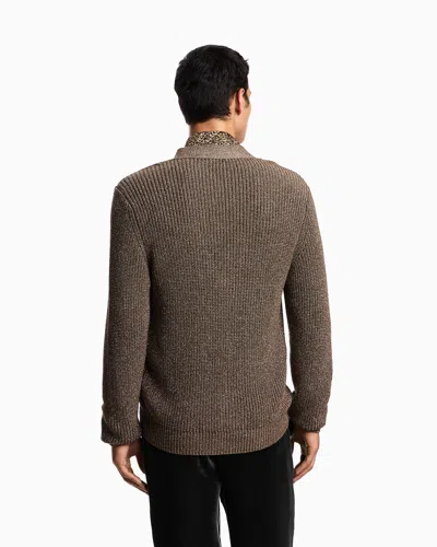 Emporio Armani Half Fisherman's Rib Lurex Knit Cardigan In Brown
