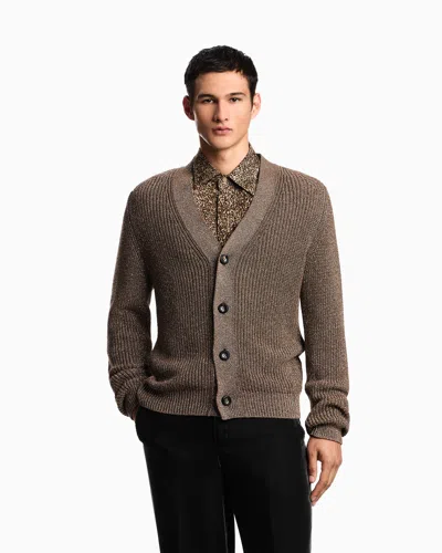 Emporio Armani Half Fisherman's Rib Lurex Knit Cardigan In Brown