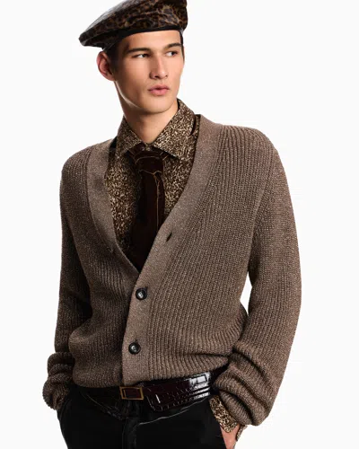 Emporio Armani Half Fisherman's Rib Lurex Knit Cardigan In Brown