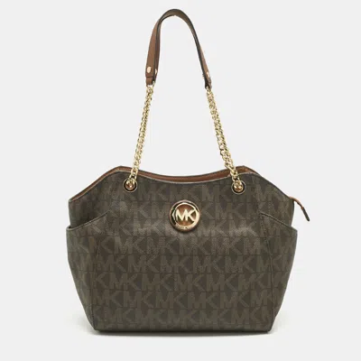 Pre-owned Michael Michael Kors Brown Signature Coated Canvas Jet Set Travel Chain Tote