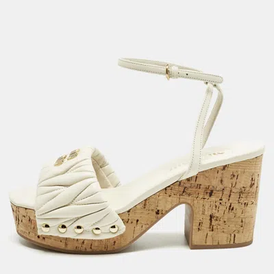 Pre-owned Miu Miu White Leather Ankle Strap Cork Sandals Size 36.5