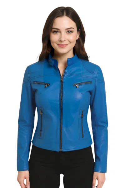 Infinity Leather Womens Slim-fit Leather Biker Jacket-maldon In Blue