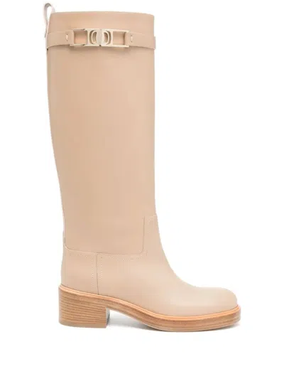 Ferragamo Ornament Square Gancini Boots In Neutral