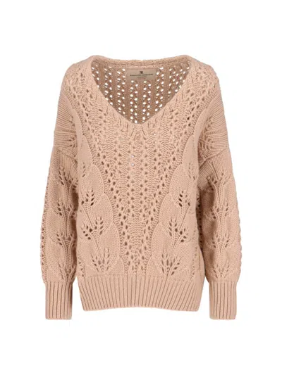 Ermanno Scervino Cashmere Sweater With Openwork Floral Design And V-neckline In Brown