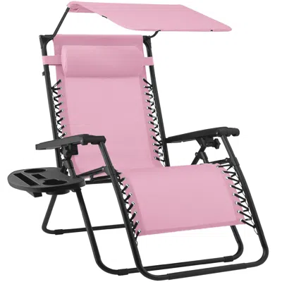 Best Choice Products Folding Zero Gravity Recliner Patio Lounge Chair W/ Canopy Shade, Headrest, Tray - Bubblegum Pink