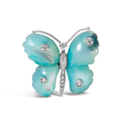 Haus Of Brilliance 18k White Gold Blue Mother Of Pearl And Diamond Accent Butterfly Pin Brooch In Blue