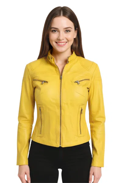 Infinity Leather Womens Slim-fit Leather Biker Jacket-maldon In Yellow