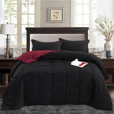 Hivvago Full/queen Traditional Microfiber Reversible 3 Piece Comforter Set In Black/maroon
