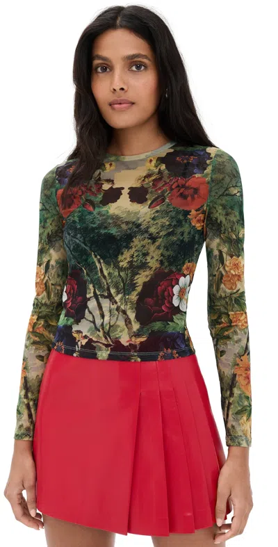 Alice And Olivia Delaina Printed Mesh Long Sleeve Crop Top In Animal Print