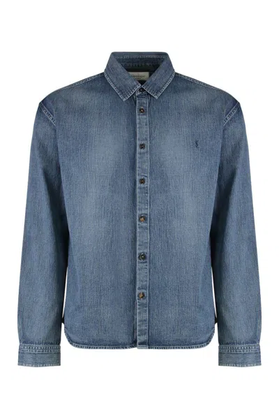 Saint Laurent Casual Denim Long Sleeve Shirt In Blue
