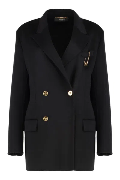 Versace Wool And Cachemire Double-breasted Coat In Black