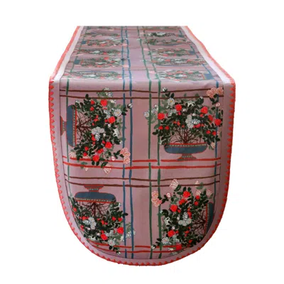 Sophie Williamson Design Pink Large Table Runner In Dusty Lilac With Romantic Roses And Bold Lines In Multi