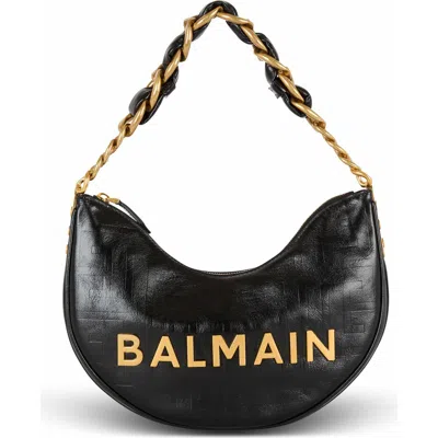 Balmain 1945 Soft Moon Bag In Crinkled Calfskin Leather Embossed With A Pb Labyrinth Monogram In Black
