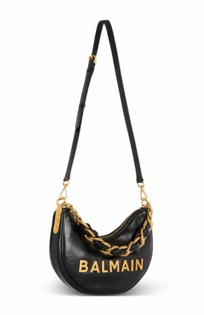 Balmain 1945 Soft Moon Bag In Crinkled Calfskin Leather Embossed With A Pb Labyrinth Monogram In Black