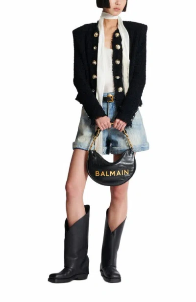 Balmain 1945 Soft Moon Bag In Crinkled Calfskin Leather Embossed With A Pb Labyrinth Monogram In Black