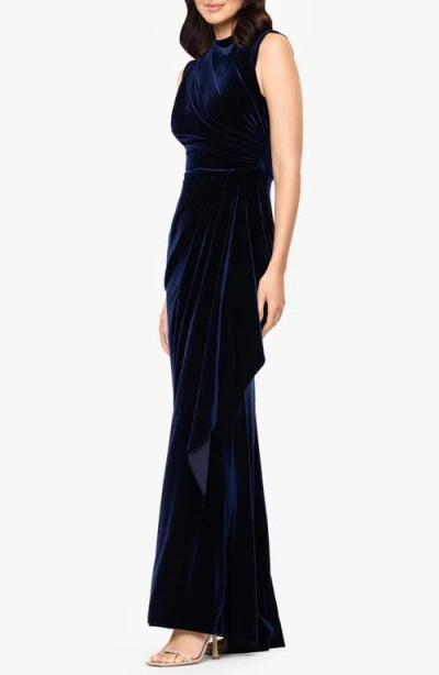 Betsy & Adam Ruched Velvet Column Gown In Black