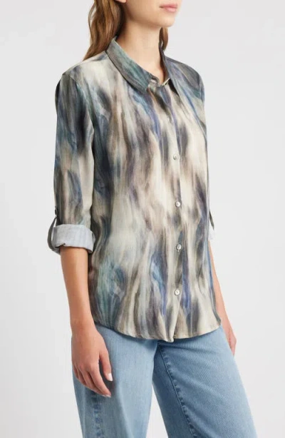 Apny Abstract Print Roll Tab Sleeve Chiffon Button-up Shirt In Multi