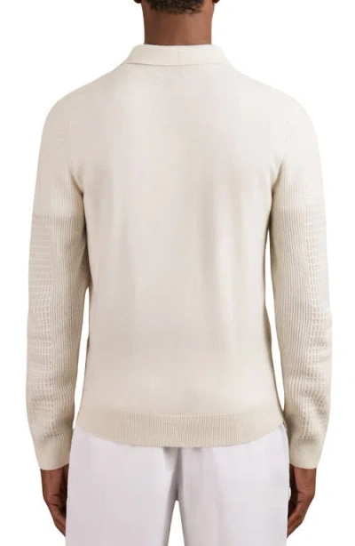 Reiss Hamilton Long Sleeved Half Zip Square Textured Wool Polo Shirt In Neutral
