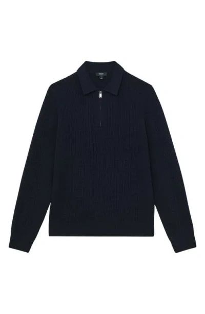 Reiss Hamilton Long Sleeved Half Zip Square Textured Wool Polo Shirt In Blue