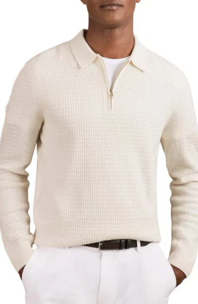 Reiss Hamilton Long Sleeved Half Zip Square Textured Wool Polo Shirt In Neutral