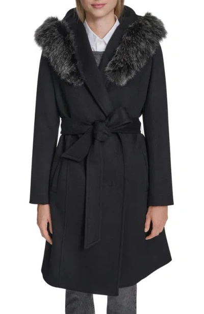 Cole Haan Slick Wool Blend Coat With Faux Fur Trim Hood In Black