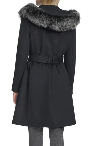 Cole Haan Slick Wool Blend Coat With Faux Fur Trim Hood In Black