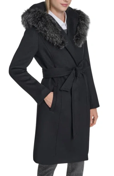 Cole Haan Slick Wool Blend Coat With Faux Fur Trim Hood In Black