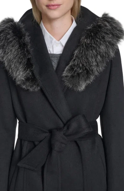 Cole Haan Slick Wool Blend Coat With Faux Fur Trim Hood In Black