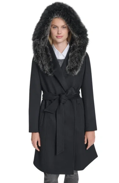 Cole Haan Slick Wool Blend Coat With Faux Fur Trim Hood In Black
