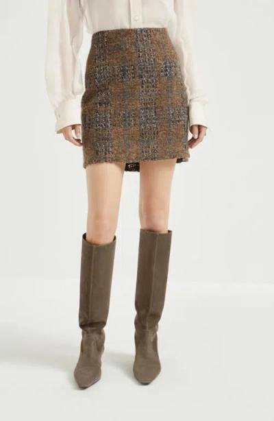 Brunello Cucinelli Mini Skirt With Prince Of Wales Embroidery In Brown