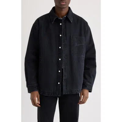 Jacquemus Virgin Wool Long-sleeve Shirt With Embroidered Logo In Black