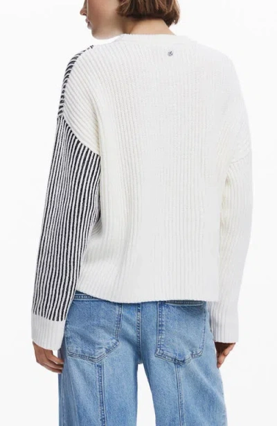 Desigual Stripe Crewneck Cotton Blend Sweater In White