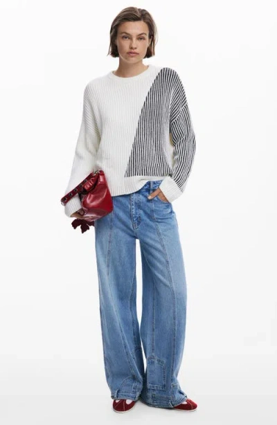 Desigual Stripe Crewneck Cotton Blend Sweater In White