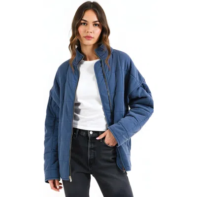 Modenaire Quilted Zip-up Jacket With Stand Collar And Square Stitch In Blue