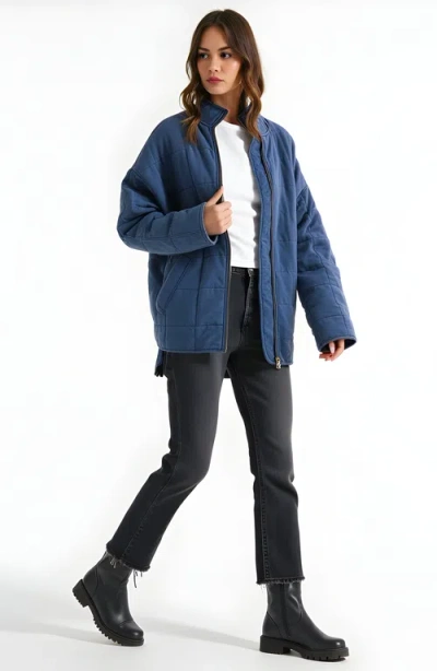 Modenaire Quilted Zip-up Jacket With Stand Collar And Square Stitch In Blue