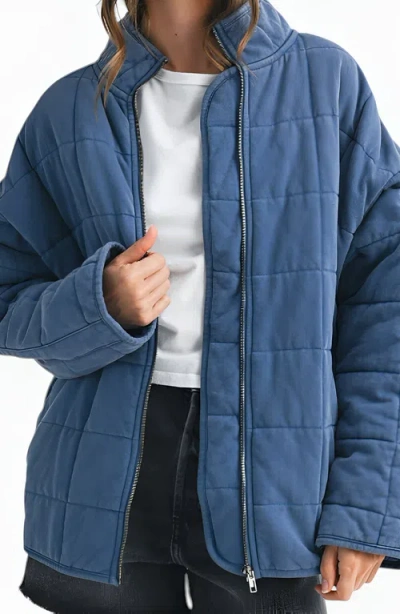 Modenaire Quilted Zip-up Jacket With Stand Collar And Square Stitch In Blue
