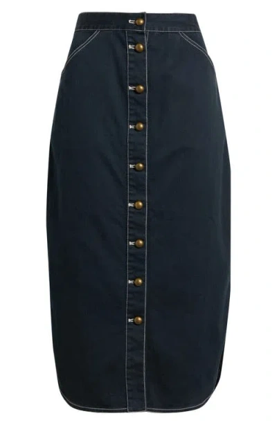 Love The Label Apolline Button Front Midi Denim Skirt In Blue