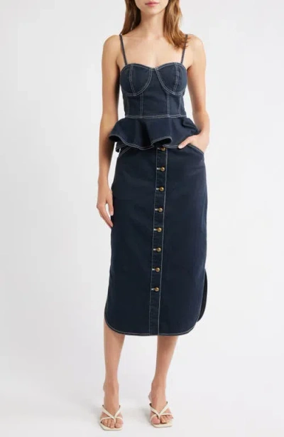 Love The Label Apolline Button Front Midi Denim Skirt In Blue