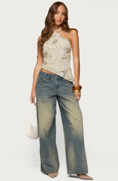 Edikted Beaded Sequin Asymmetric Halter Top In White