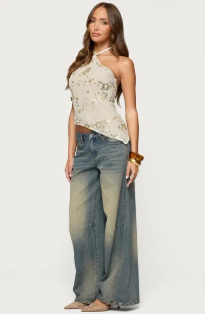 Edikted Beaded Sequin Asymmetric Halter Top In White