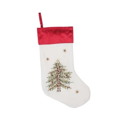 C & F Home C&f Home Ribbon Decorated Green Christmas Tree On White Background With Red Velvet Cuff Stocking 20. In Multi