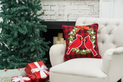 C & F Home C&f Home Cardinal Plaid Christmas Wreath Tufted Accent Pillow, 18" X 18" In Red