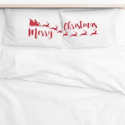C & F Home C&f Home 20" X 30"  Xmas "merry Christmas" Printed Santa Sleigh Design Twin Queen King Pillowcase Se In White