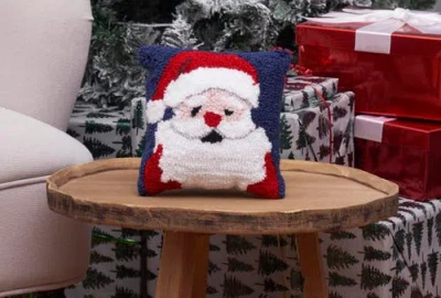 C & F Home C&f Home Christmas Santa Wishes Santa Face On Black Background Small Petite Accent Hooked Pillow, 8" In Multi