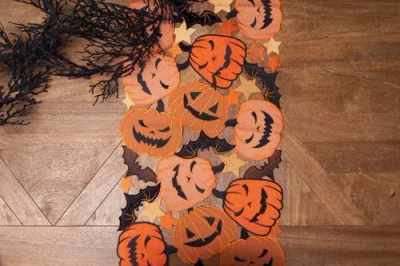 C & F Home C&f Home Jack O' Lantern & Bat Table Runner 14" X 68" In Orange