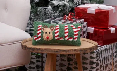 C & F Home C&f Home Christmas "jolly" Peppermint Red Nose Reindeer Accent Pillow, 6" X 12" In Green