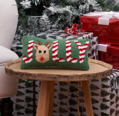 C & F Home C&f Home Christmas "jolly" Peppermint Red Nose Reindeer Accent Pillow, 6" X 12" In Green