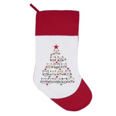 C & F Home C&f Home 8.5" X 20" Stacked Cat Face Christmas Tree Embroidered Hanging Large Christmas Stocking In Red