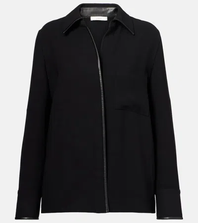 Vince Crepe Button-front Blouse With Faux Leather Trim In Black